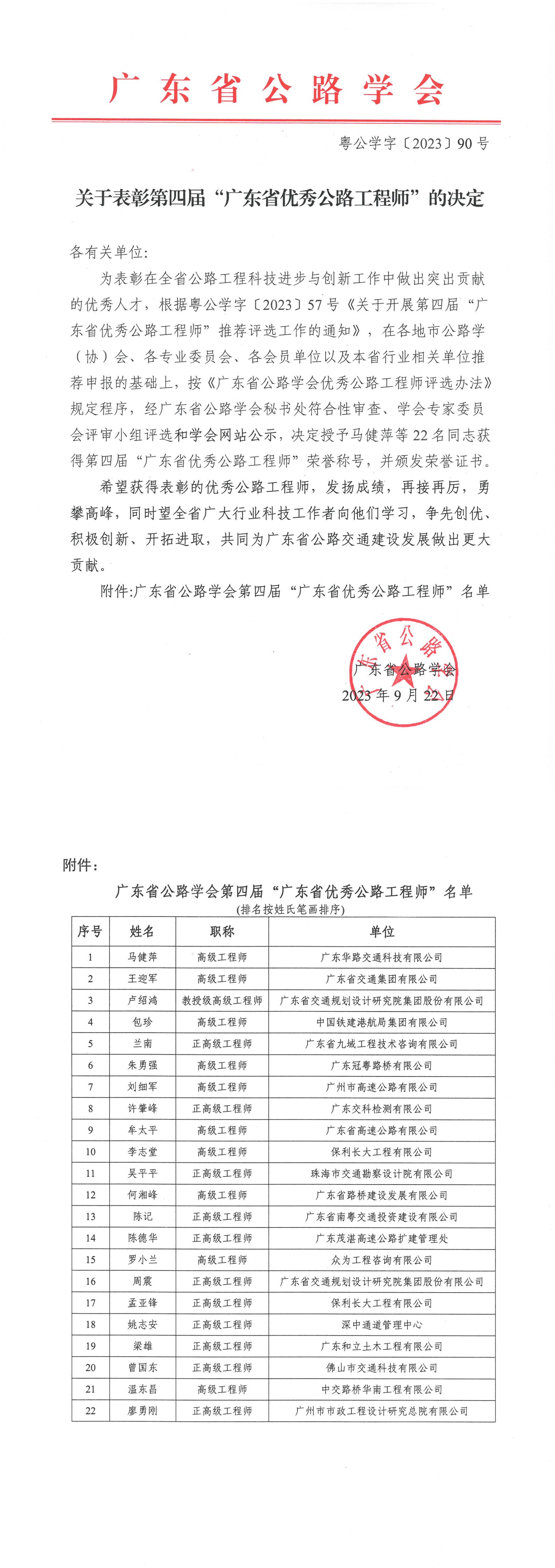 转发｜广东省公路学会关于表彰第四届“广东省优秀公路工程师”的决定